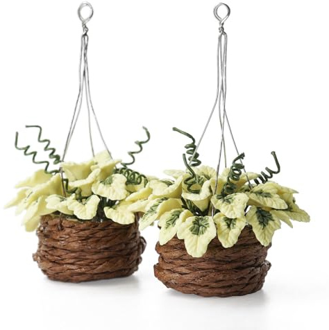 Odoria 1/12 Scale Dolls House Miniature Plants in Hanging Basket Mini Plant Miniatures Dollhouse Decoration Accessories, 2Pcs Light Green
