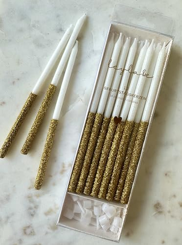Lange Kuchenkerzen Geburtstagskerzen Gold Weiß mit goldenem Glitzer 16 Stück Set Tortendekoration mit Haltern