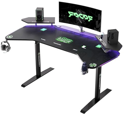 Klobel 72 Standing Gaming Desk with Dual Motor, Wing-Shaped Computer Desk with Full Coverage Mouse Pad, Electric Height Adjustable Standing Desk with RGB LED Lights and Slot Design Shelves