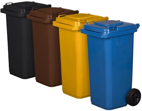 Juego de 4 cubos de basura para basura PN-EN 840, de 120 litros, con ruedas, sistema de enganche para extracción mecánica, de plástico, negro, marrón, amarillo, azul