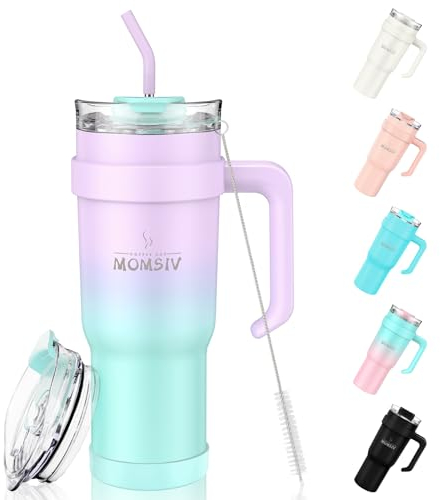 MOMSIV 40oz Thermobecher mit Stroh und Griff, 1100ml Kaffeebecher, Doppelwandiger Edelstahl Vakuum Auslaufsicher Isolierbecher Autobecher für Kalte Heiße Getränke, Violett-Grün