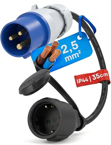 feletec CEE Adapter CEE Stecker auf Schuko Kupplung, 35cm Camping Strom-Kabel, IP44 Camping Verlängerungskabel, H07RN-F 3G2,5 Campingstecker Adapter 16A