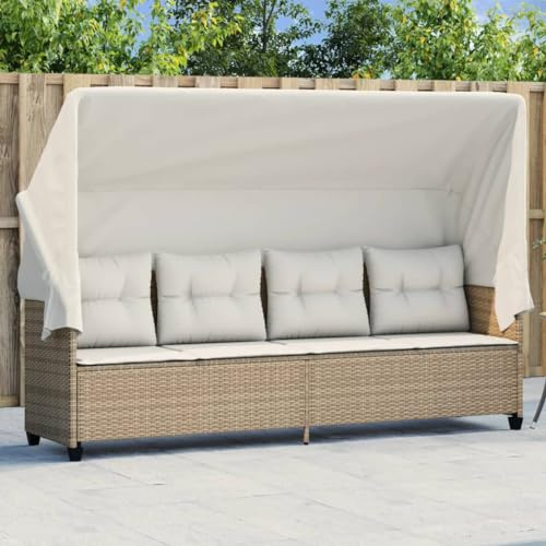 Faroom Gartensofa mit Sonnendach,Terrassensofa 3 Sitzer,Gartensofa Polyrattan,Loungebett,Outdoor,Gartenbett,Liegesofa,Relaxliege, Sonnenliege mit Dach Beige,Cremeweiß
