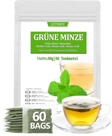 Té de Menta Verde | Té de Hierbas de Menta Verde | Menta Verde 100% Natural, sin cafeína ni aditivos (60 bolsas)
