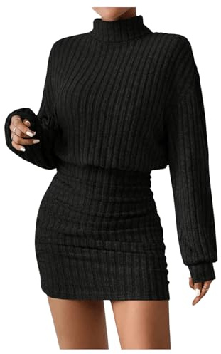 GORGLITTER Damen Pulloverkleid Stehkragen Freizeitkleid Rippstrick Winterkleid Kurzes Figurbetontes Kleid Schwarz L