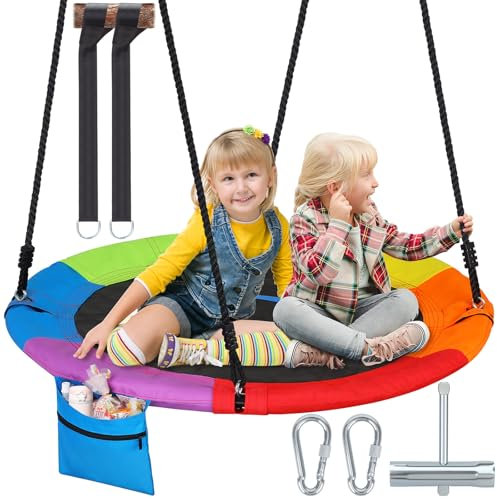 900lbs 40 Outdoor Tree Swing for Kids Adults | Anti-Sagging Flying Swings for Swing Set | 900D Wear Resistant Round Swings for Outside Tree with Zipper Pocket & Hanging Straps