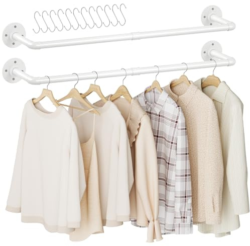 Urban Deco 2er-Set Industrieller Rohr-Kleiderständer 92 cm,Wandmontage Kleiderstange für Schlafzimmer,Abnehmbare Kleiderstange Vintage-Stil Eisen,Mit 2 Sockeln,Hält Bis Zu 45KG,Weiß