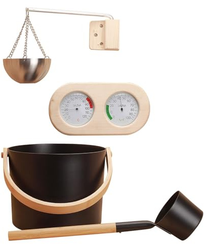 Fasssauna-Set – Zubehör für Saunazubehör | Sauna-Aluminiumeimer mit langem Griff, Holzgriff, Löffel, Thermometer und Aromatherapie-Ölbecher | Sauna-Holzeimer- und Schöpflöffel-Set für Damen (7 l)
