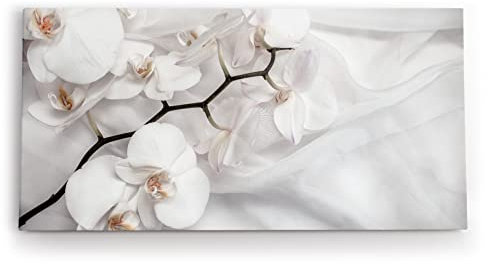 Paul Sinus: Elegante weiße Orchideen auf Stoff – Leinwandbild 120x60cm | Orchideen, florale Kunst, Wanddekoration, moderner Leinwanddruck, weißes Blumenmotiv, edle Raumgestaltung