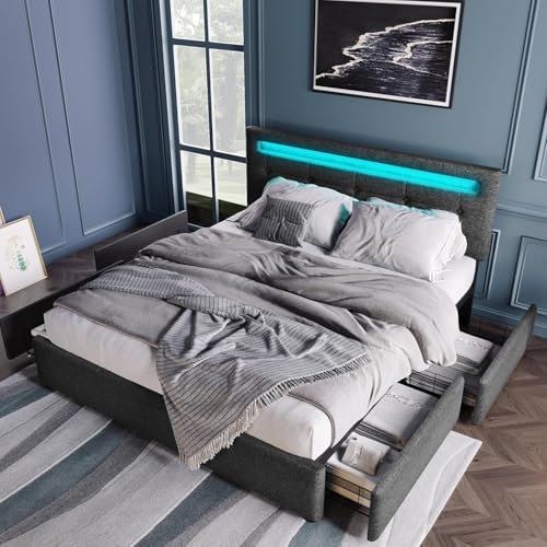Polsterbett 90x200, LED Einzelbett mit 2 Schubladen und Höhenverstellbarem Kopfteil, Jugendbett Stauraumbett Funktionsbett Rückenlehne Bettgestell mit Holz Lattenrost, Leinen, Grau, Ohne Matratze