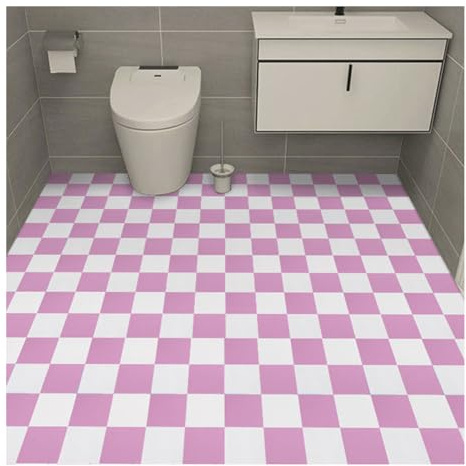 Peel and Stick Vinyl Flooring Roll 5M x 60cm Non Slip Floor Covering Stickers for Bathroom Kitchen Living Room White Pink Plaid Pattern