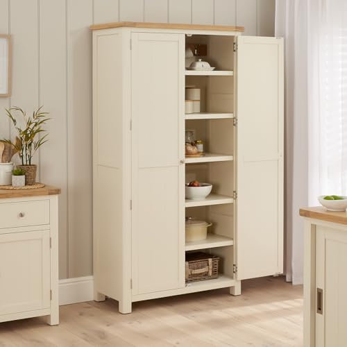 The Furniture Market | Marbury Cream Painted | 2 Door Double Shaker Kitchen Larder Pantry Cupboard | Wide Storage Unit | Adjustable Shelves & Hooks | Fully Assembled | H 1900 x W 1000 x D 450mm
