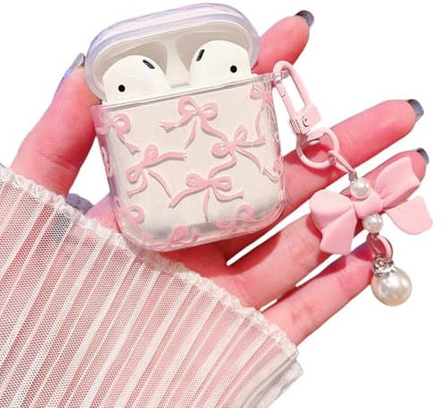 MINSCOSE Kompatibel mit AirPods 1&2 Klar Hülle,Niedliche Bogen Hübsches Ästhetisches Design mit Bogen Perle Schlüsselanhänger,Weiche TPU Schützende Stoßfestes Hülle für Mädchen für Airpod 1&2-Rosa