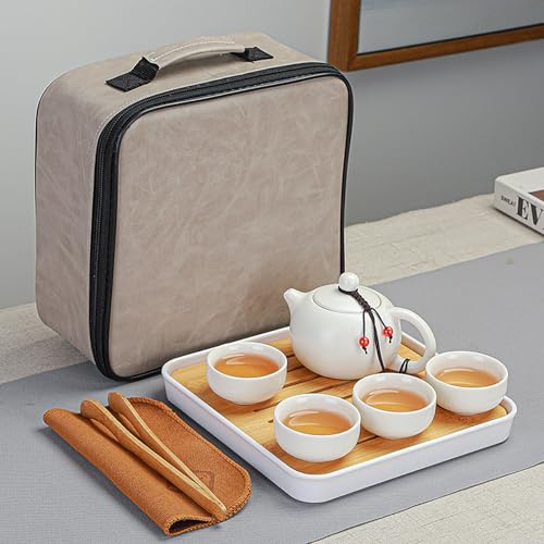 AYES Tragbare Teesets mit 1 Teekanne, 4 Teetassen, Reisetasche, 1 Teetablett - Asiatisch Chinesisch Japanisch Porzellan Vintage Teeservice für Frauen Männer Teeliebhaber Geschenke