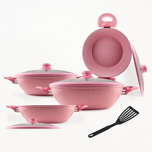 PARAMAISON Set Padelle Antiaderenti Set da 9 Pezzi con Coperchi in Vetro Temperato, Manico Removibile, Senza Pfoa | Rosa
