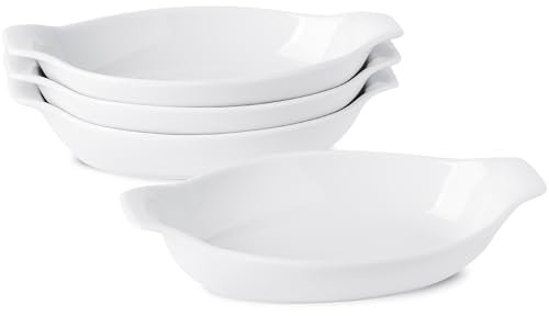 UIBFCWN Juego de 4 platos de horno de cerámica, platos de horno ovalados de 350 ml, fuente ovalada de porcelana con asas para lasaña y tarta, 22,8 x 11,9 x 4,3 cm – Blanca