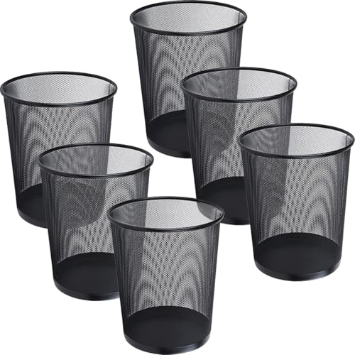 WYIPOLZI Small Office Bin 6 Pack, Metal Mesh Waste Paper Basket 12L, Black Round Wastebasket for Kitchen, Bathroom, Bedroom