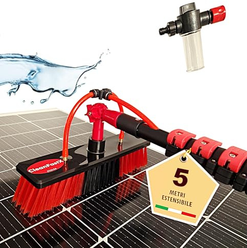 CleanFastX ITALIA | Kit Pulizia Pannelli Fotovoltaici | Estensibile 5 Metri | Idrospazzola ALINEAR per Lavaggio Tapparelle Vetrate Camper Auto Barca Pannelli Solari | Dispenser di Sapone Integrato