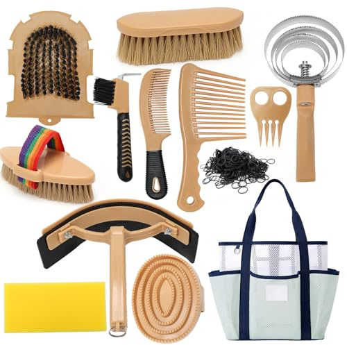 GHWMYD 13Pcs Horse Grooming Kit with Mesh Tote Bag, Shower Brushes, Braiding and Curry Comb, Sweat Scraper, Hoof Pick, Shedding Massaging Horse Grooming and Bathing Tool Supplies for Riders Beginners