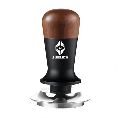JUELICH 51mm Espresso Tamper with Wooden Handle – Spring-Loaded Coffee Distributor for Even Coffee Grounds – Barista Hand Tool, Stainless Steel Coffee Leveling Tool, Classic Coffee Accessories (51mm)