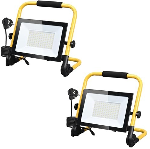 MOLVCE Led Baustrahler 100W 6000K 8500LM Kaltweiß, Led Arbeitsleuchte mit Stecker, IP66 Wasserdicht Baustellenlampe mit Stativ und 3 Meter Kabel für Baustelle, Garage, Werkstatt, 2 Stück