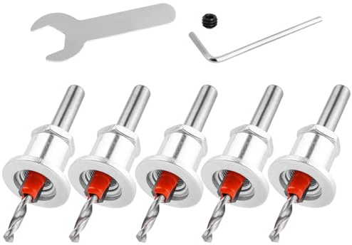Bestgle Juego de 5 brocas avellanadas con tope de profundidad ajustable, 8 mm, eje redondo, cono, agujero para carpintería, plástico, taladros, con llave hexagonal y tornillo