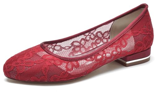 Wine Red,40,Women's Closed Toe Ballet Flats, Casual Lace Cutout Low Heel Bridal Dress Dolly Shoes, Formal Comfort Slip On Wedding Ballerina Loafers
