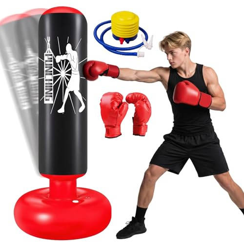 Ninonly Saco Boxeo Niños 160cm con Guantes y Bomba Punching Ball Boxeo Niño Ideal Karate, Kickboxing, Equipo de Boxeo, Saco de Boxeo para Niños Niños y Niñas Negro Punching
