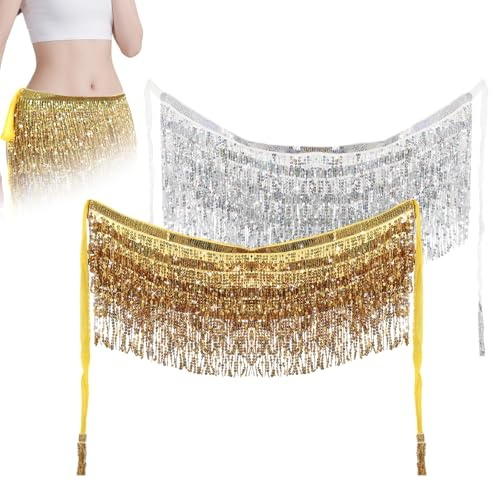 2 pcs Glitzer Rock Damen Festival Pailletten Rock Glitzerrock Pailettenrock FüR Damen Pailetten Ro-ck Glitzer Minirock Sequin Skirt FüR Musikfestival Tassel Karneval Bauchtanz KostüM (Gold + Silber)