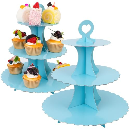 3-Tier Cupcake Stand 2 Pack Dessert Cup Cake Stand Tower Paper Round Cake Display Serving Plate for Anniversary Christening Disposable Pastry Holder for Birthday Wedding Party Decoration (SkyBlue)