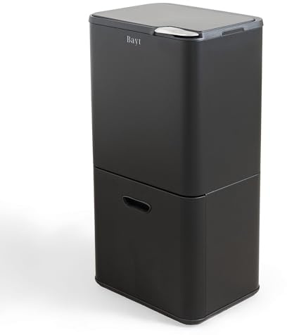 Bayt 60L Återvinningskorg För Kök – 2-Facks Vertikal Tornsoptunna | 60 Liters Dubbla Kökskorgar För Avfallssortering | Matt Svart Rostfritt Stål-Soptunna Med Innerhinkar