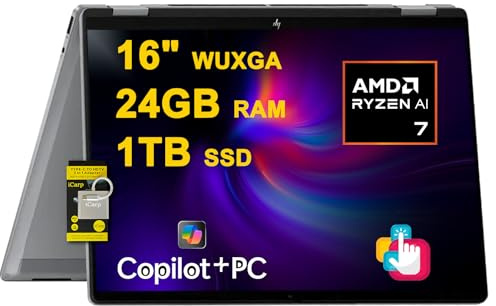 HP OmniBook X Flip 2-in-1 Laptop 16 WUXGA IPS Touch (400nits) AMD Octa-core Ryzen AI 7 350 (Up to 50 Tops) 24GB RAM 1TB SSD for Creator Designer Business Professional Win11 ICP Hub