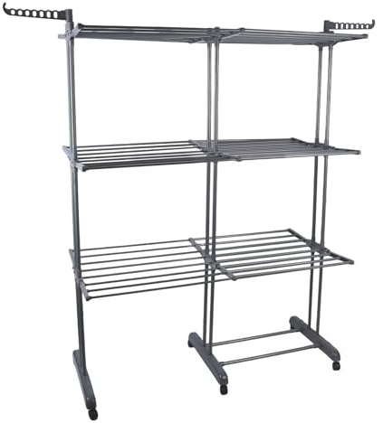 OHMG Séchoir à Linge Tour Peu encombrant avec 12 Ailes Pliables sur 3 Niveaux,étendoir à Linge Extensible Longueur 75-132cm, Table de Lavage Pliable pour l'intérieur et familles,avec 6 roulettes