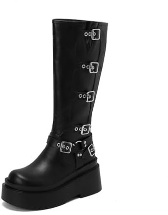 Genérico Mujer Charol Botas De Plataforma con Hebilla Puntera Redonda Botas Altas hasta La Rodilla Tacón Grueso Estilo Gótico Punk,Black2,37 EU