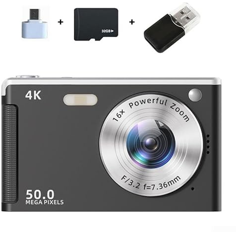 Fotocamera digitale con sensore 4K 50MP, display HD da 2 8 pollici, capacità di zoom 16x, anti scossa e luce di riempimento per una fotografia migliorata in varie condizioni (nero 32G)