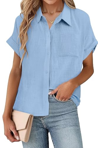 SEMARO Womens Cotton Button Down Shirts Casual Short Sleeve Solid Summer Blouses Tops with Pocket Sky Blue