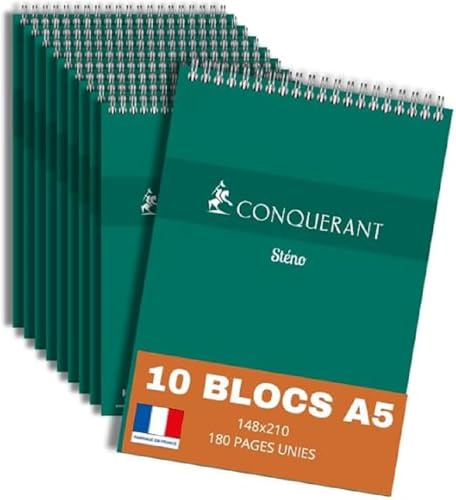 Conquérant lot de 10 Bloc-Notes Sténo A5 Uni 180 Pages Reliure Intégrale Couverture Carte Verte