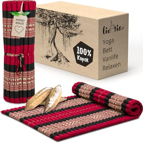 livasia Rollmatte Rollmatratze L breit bequem - 200x110x4,5cm - Gästebett Gästematratze 1 Person, Reisebett Kofferraum outdoor, Thaimatte Kapok Garten Balkon handgefertigt (Rot/Elefanten)