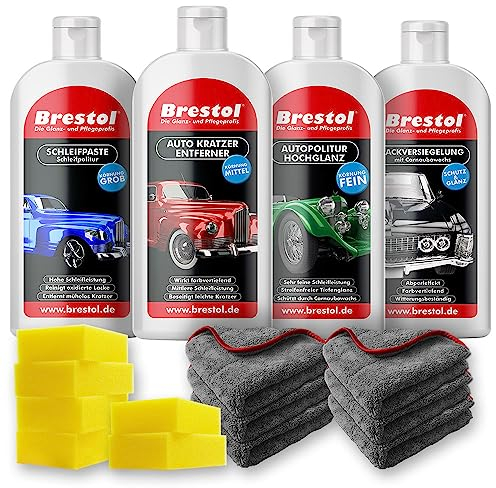 Komplettes Autopolitur Set für manuelle Anwendung - Kratzerentferner, Hochglanzpolitur, Lackversiegelung & Schleifpaste. Fahrzeugpflege-Set für Glanz, Kratzerentfernung, Lackvorbereitung inkl. Zubehör
