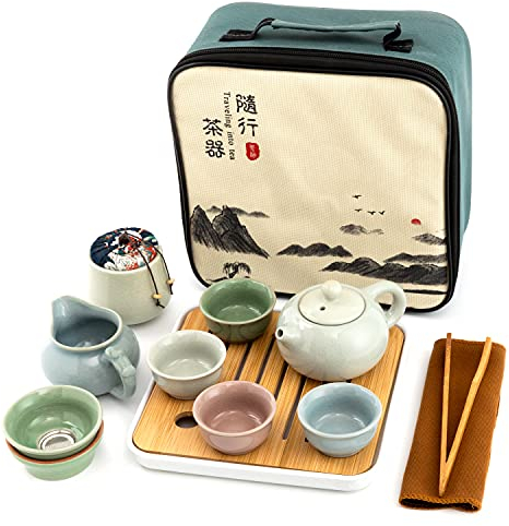 Tragbares Reise-Tee-Set | Keramik Kungfu Tee-Sets mit Teekanne, 4x Teetassen, Bambus Teetablett, Teedose, Reisetasche, asiatisches Teeservice geeignet für Büro, Picknick, Outdoor, Geschäftsreise