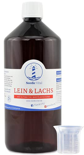 NordicVital Leinöl & Lachsöl 1000ml Flasche Barföl Mischung – Omega 3, 6 und 9 – für Hunde & Katzen Naturprodukt Perfekt zum Barfen