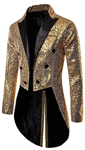 Acrawnni Mens Sequin Tuxedo Tailcoat Swallowtail Suit Jacket Dinner Party Wedding Blazer Slim Fit Show Tux Dress Coat (Golden, XX-Large)