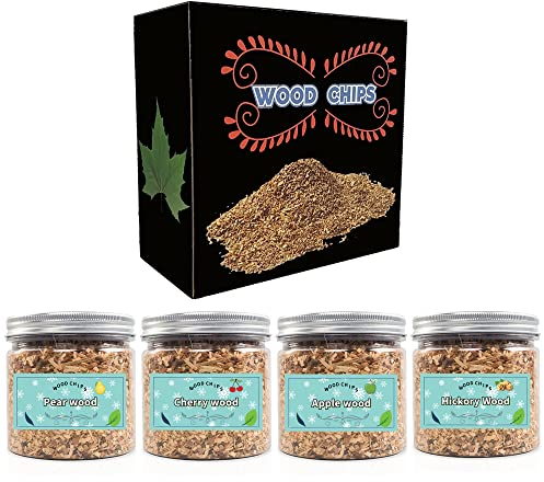 Goomp Wood Chips for Smoking Gun & Grill - 4pcs Hickory, Cherry, Apple & Pear Wood Chips - 3.5 oz Each - Great for Smoking Beef, Pork, Chicken, Fish & Whisky