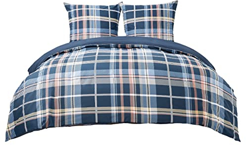 BEDSURE Bettwäsche 155x220 Baumwolle Bettbezug - Bettwäsche-Sets 155 x 220 cm 3teilig mit 2 Kissenbezüge 80x80 cm, ÖKO-TEX Wendebettwäsche Bedding mit Reißverschluss Blau Kariert Muster