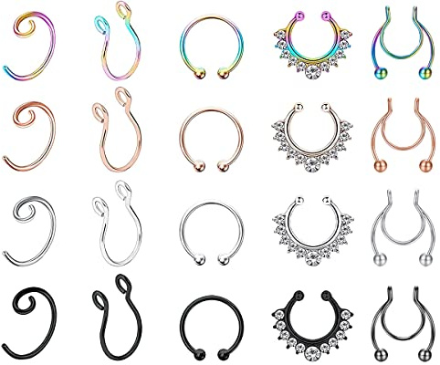 Fake Nasenpiercing, XiXiRan Fake Nasenring, Gefälschte Nasenringe, Fake Nostril Piercing Schmuck, U-Förmig Non Pierced, Fake Nase Ring, Fake Nose Cuff für Damen (20 pcs)