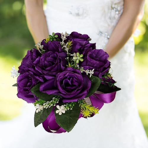 JYCRA Artificial Rose Flowers Bouquet for Bride, Bridesmaid Bouquet Fake Rose Flower Lifelike Silk Rose Bouquet for Wedding Ceremony(Purple)