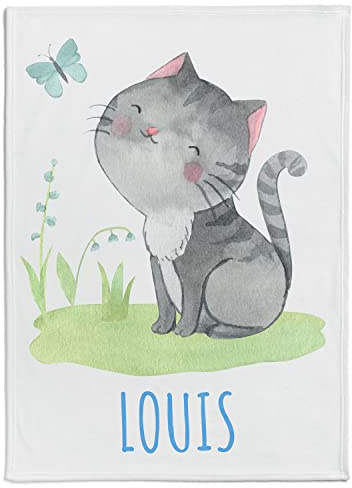 Personalisierte Babydecke Kinderdecke mit eigenen Namen, Kätzchenmotiv & Farbauswahl | Individuelle Baby Decke Namensdecke mit graue Katze Motiv (Kätzchen mit Schmetterling 1), 80 x 110 cm