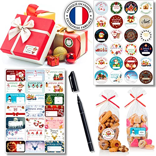 180 Etiquettes autocollantes en FRANCAIS pour la deco de vos cadeaux de Noel. Décoration personnalisée pour embellir votre papier cadeau. Différents modèles de stickers noel pour l'emballage cadeau.