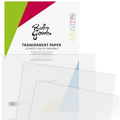 Robin Goods® 50 Blatt Premium Transparentpapier DIN A3, 110g/m², Super Qualität, bedruckbar, Bastelpapier, Pauspapier, Pergamentpapier, Architektenpapier (50 Blatt A3 - transparent)