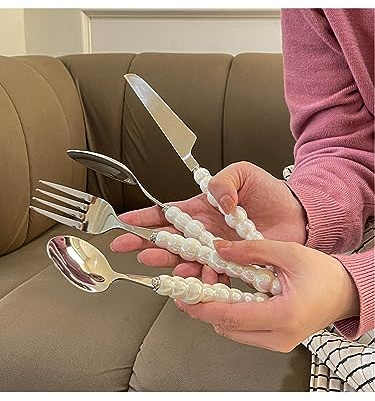 Haut de gamme luxe acier inoxydable céramique perle poignée couteau à Steak fourchette cuillère Dessert cuillère vaisselle ensemble couverts ensemble couverts ensemble (Perle Blanc 3pcs)